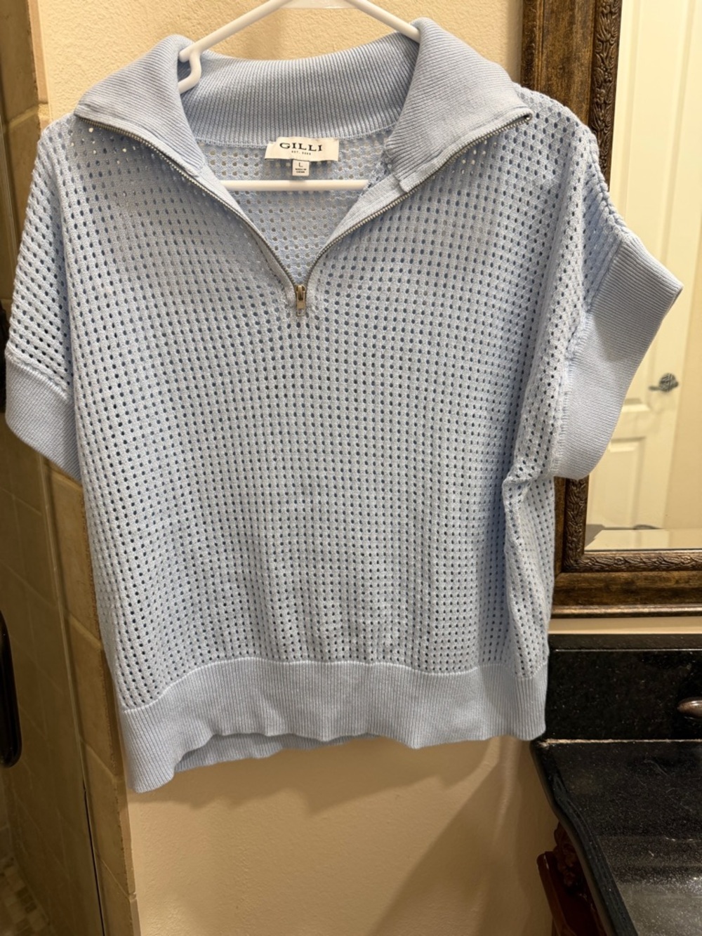 Gilli Pale Blue Openwork Half-Zip Knit Top